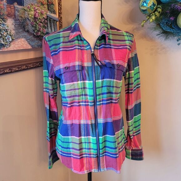 Chaps plaid long sleeve collared zip up denim cotton flannel blazer jacket  Sz M - Picture 1 of 4